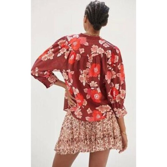 Anthropologie Red Boxy Blouse with Mandarin Collar - Picture 2 of 5